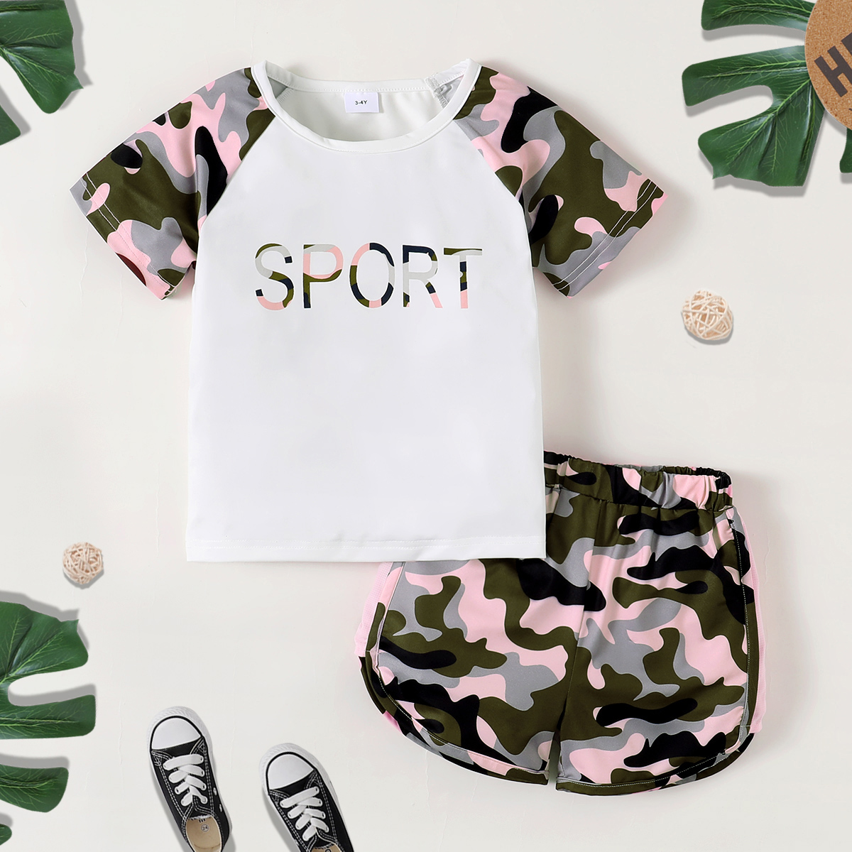 

2-piece Toddler Girl Letter Camouflage Print Tee and Shorts Athleisure Set