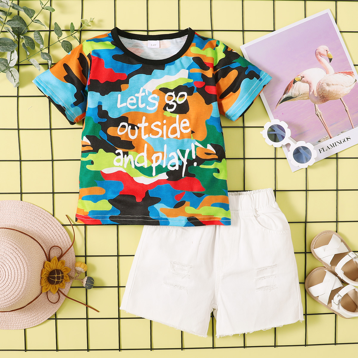 

Toddler Boy Camouflage Letter Print Top And Solid Shorts