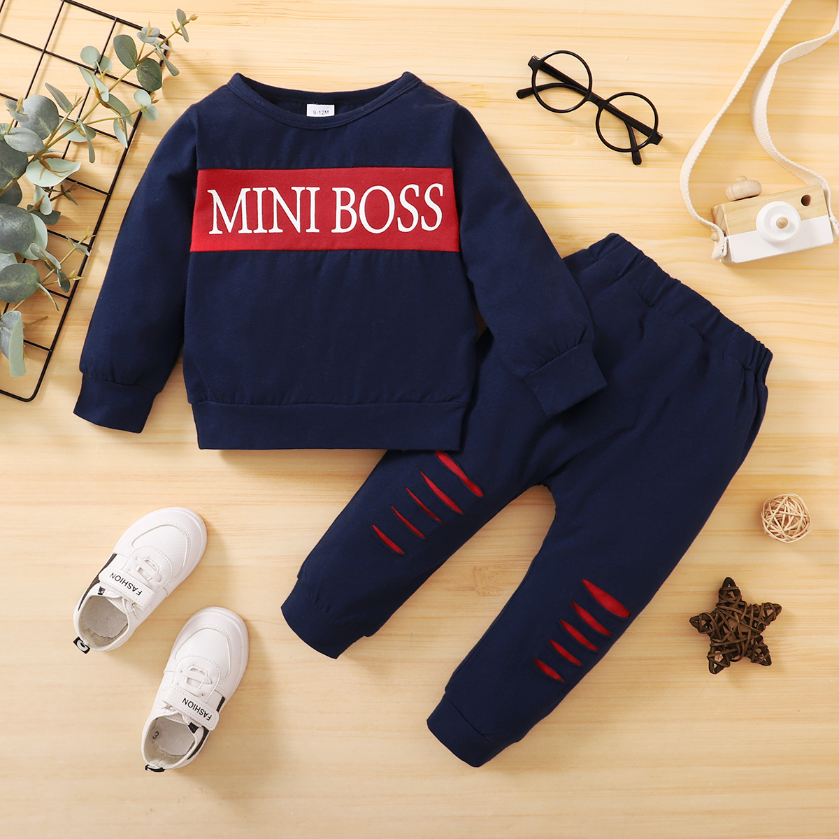 

2pcs Baby Boy 95% Cotton Long-sleeve Letter Print Sweatshirt and Ripped Pants Set
