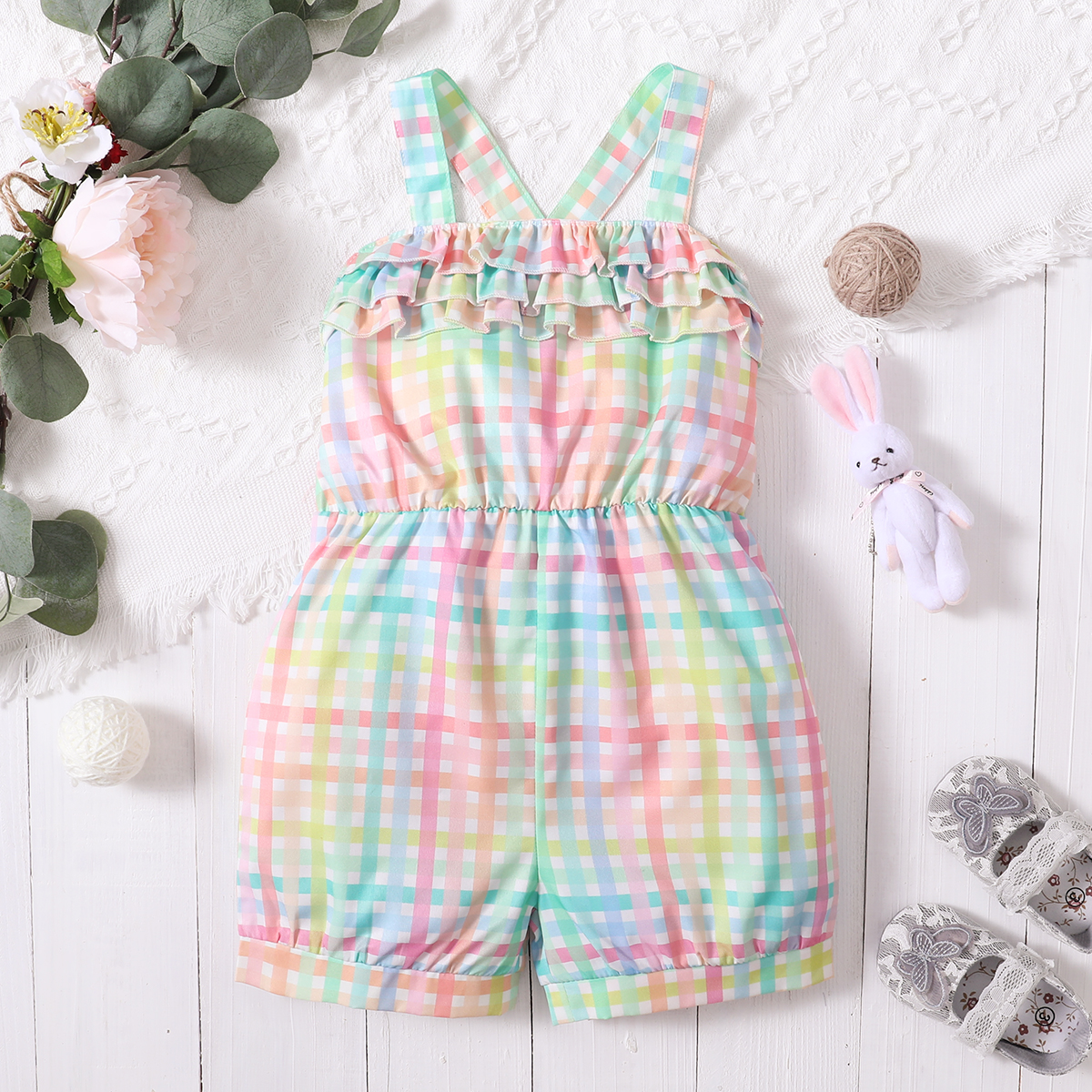 

Trendy Toddler Girl Plaid Ruffled Color block Jumpsuit