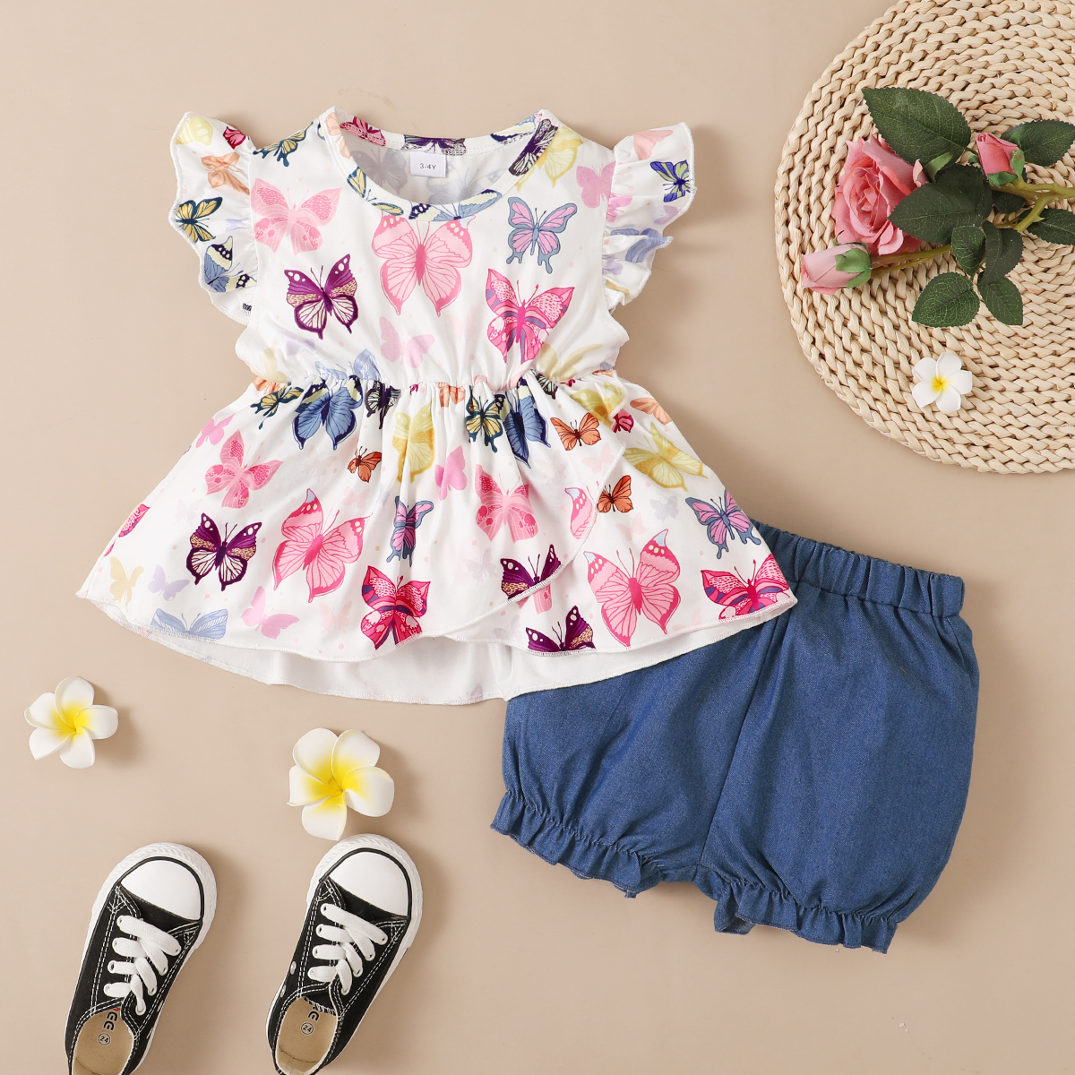 

Toddler Girl Ruffle-sleeve Butterfly Print Layered Top And Denim Shorts