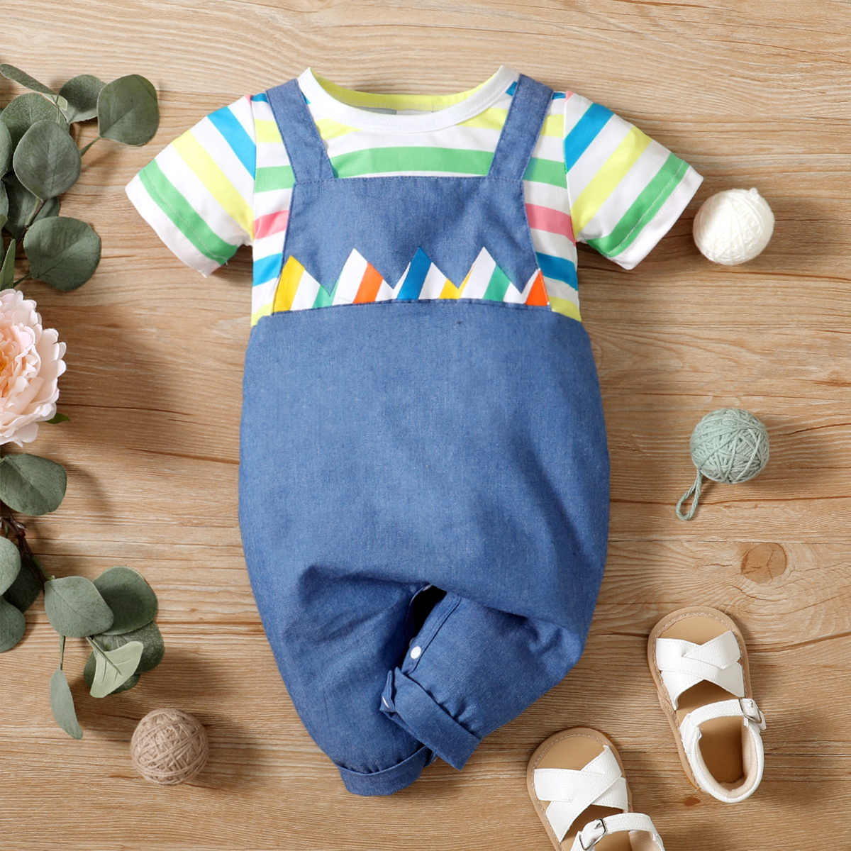 

Denim Striped Color Block Short-sleeve Baby Jumpsuit