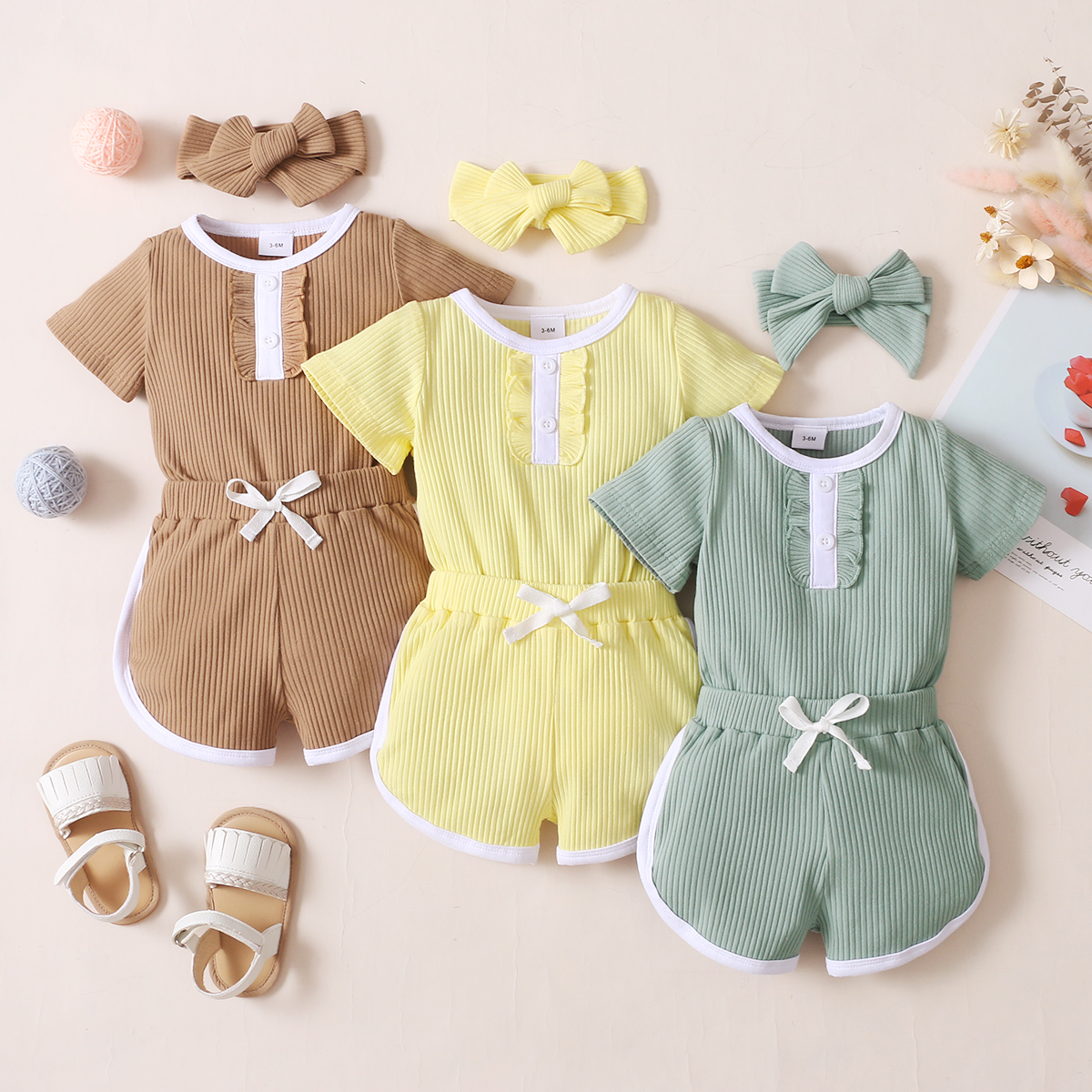 

3-piece Baby Girl Ruffled Short-sleeve Romper, Bow Decor Shorts and Headband Set
