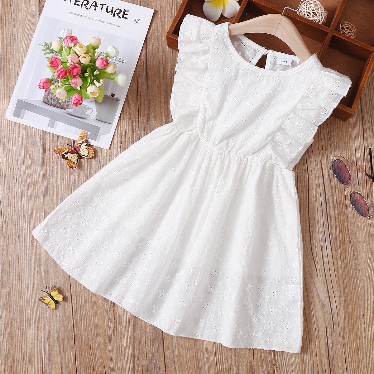 

Toddler Girl 100% Cotton Ruffled Hollow out Flutter-sleeve Solid Dress