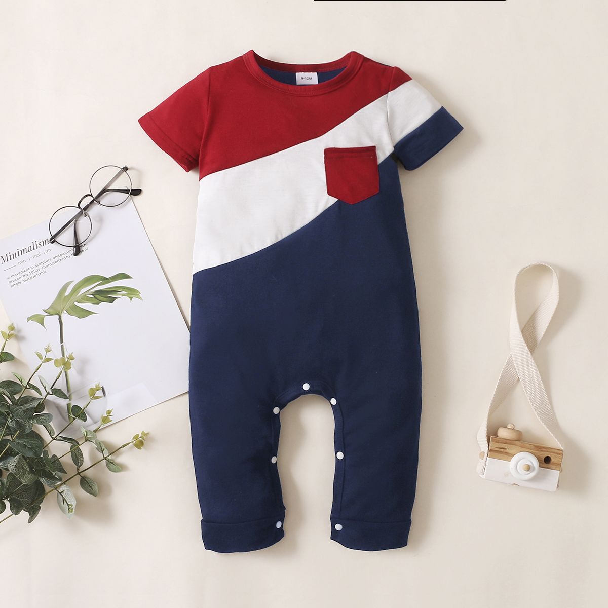

Baby Girl/Boy Colorblock Short-sleeve Jumpsuit with Pocket