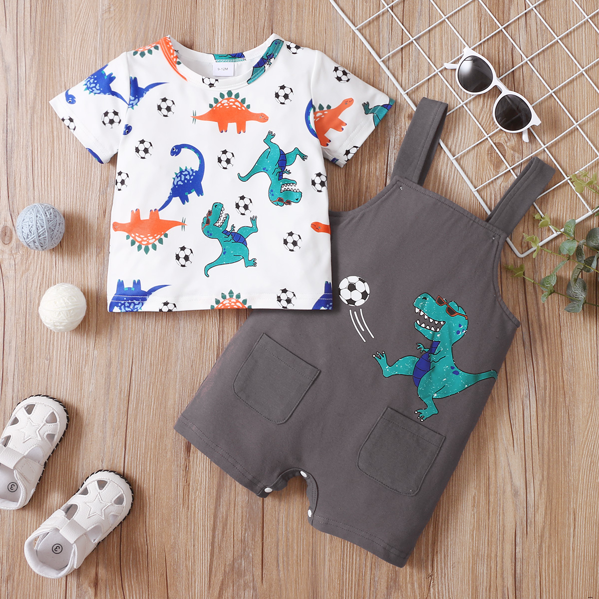 

2-piece Baby Boy Ball Dinosaur Print Tee and Overalls with Pocket Set