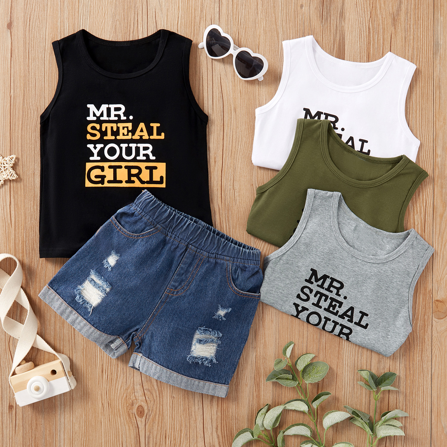 

2-piece Baby/Toddler Casual Letter Top and Denim Shorts Set
