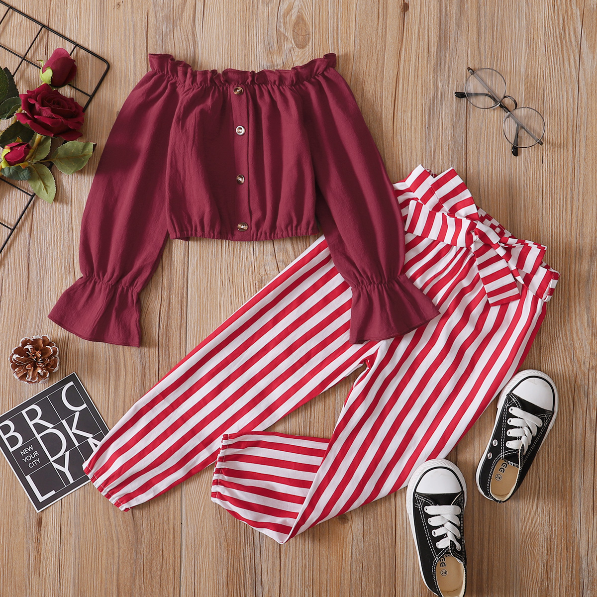 

2-piece Toddler Girl 100% Cotton Off Shoulder Button Design Long Ruffle-sleeve Solid Red Top and Striped Pants with belt Set
