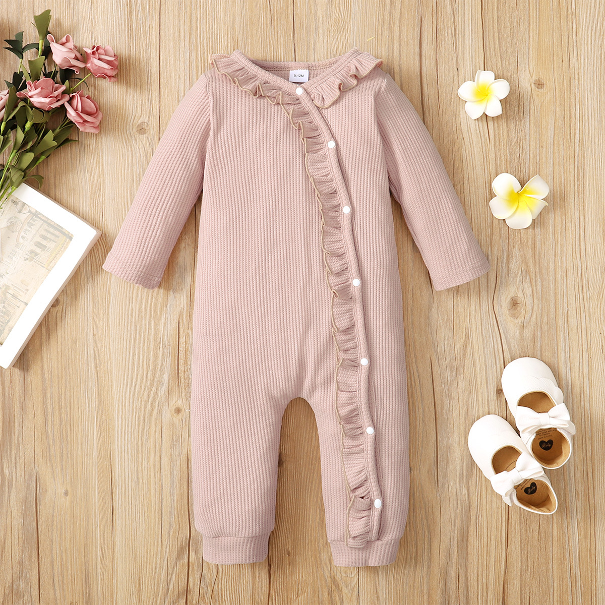 

Baby Girl Ruffled Button Design Long-sleeve Solid Jumpsuit