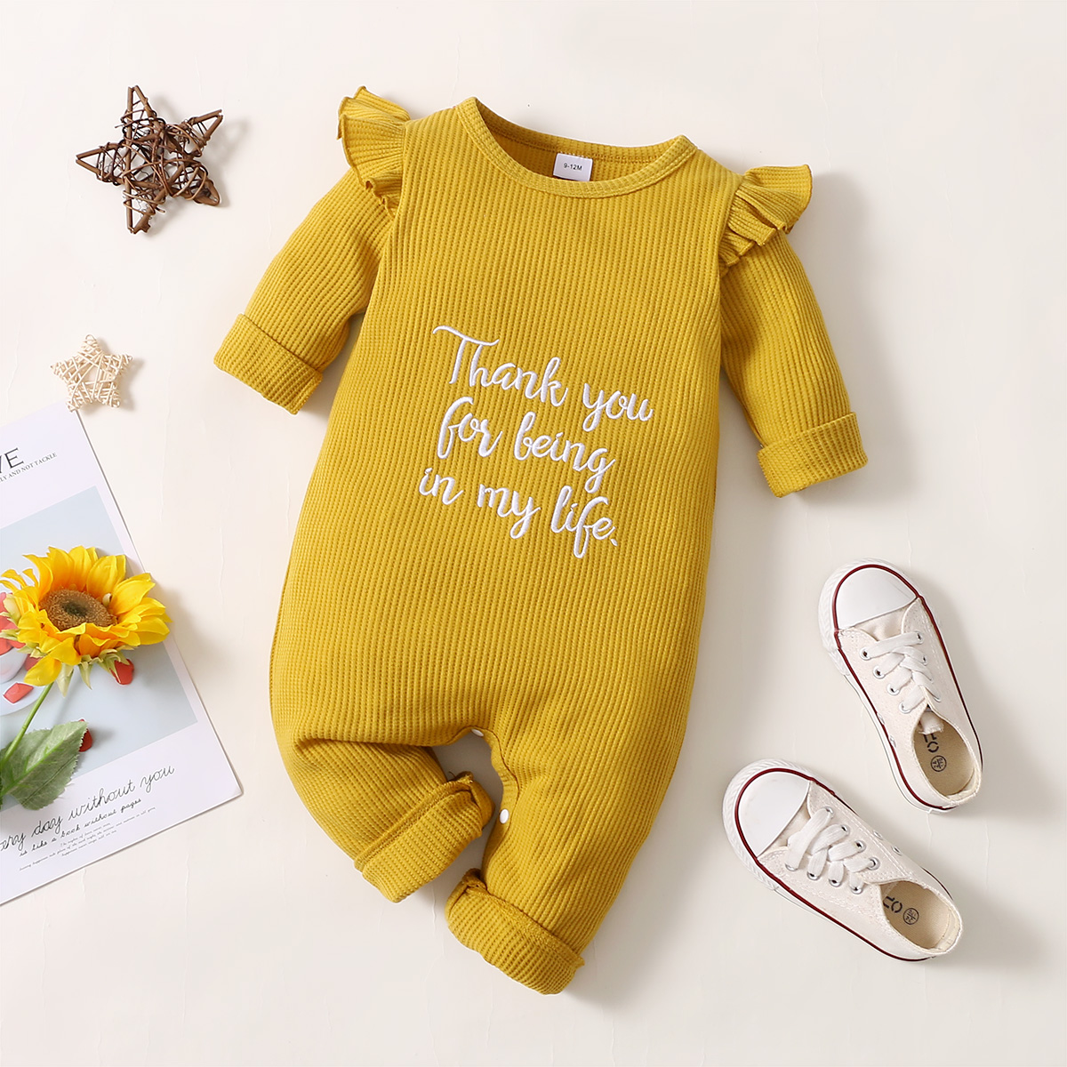 

Baby Girl Ruffled Letter Embroidery Long-sleeve Jumpsuit