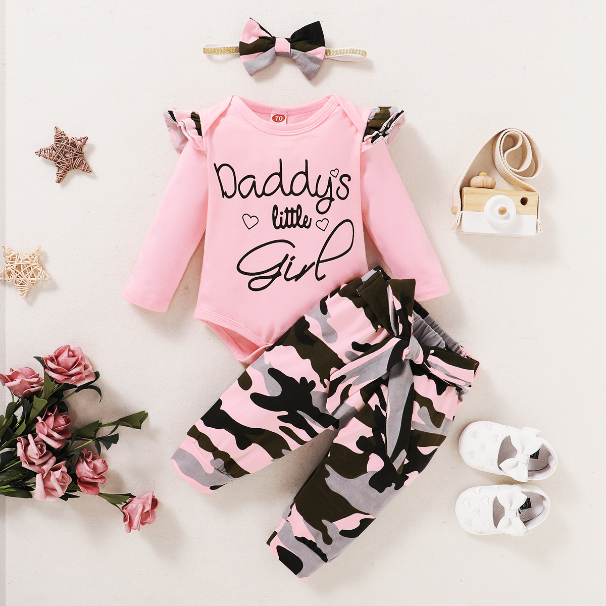 

3pcs Letter and Camouflage Print Long-sleeve Pink Baby Set