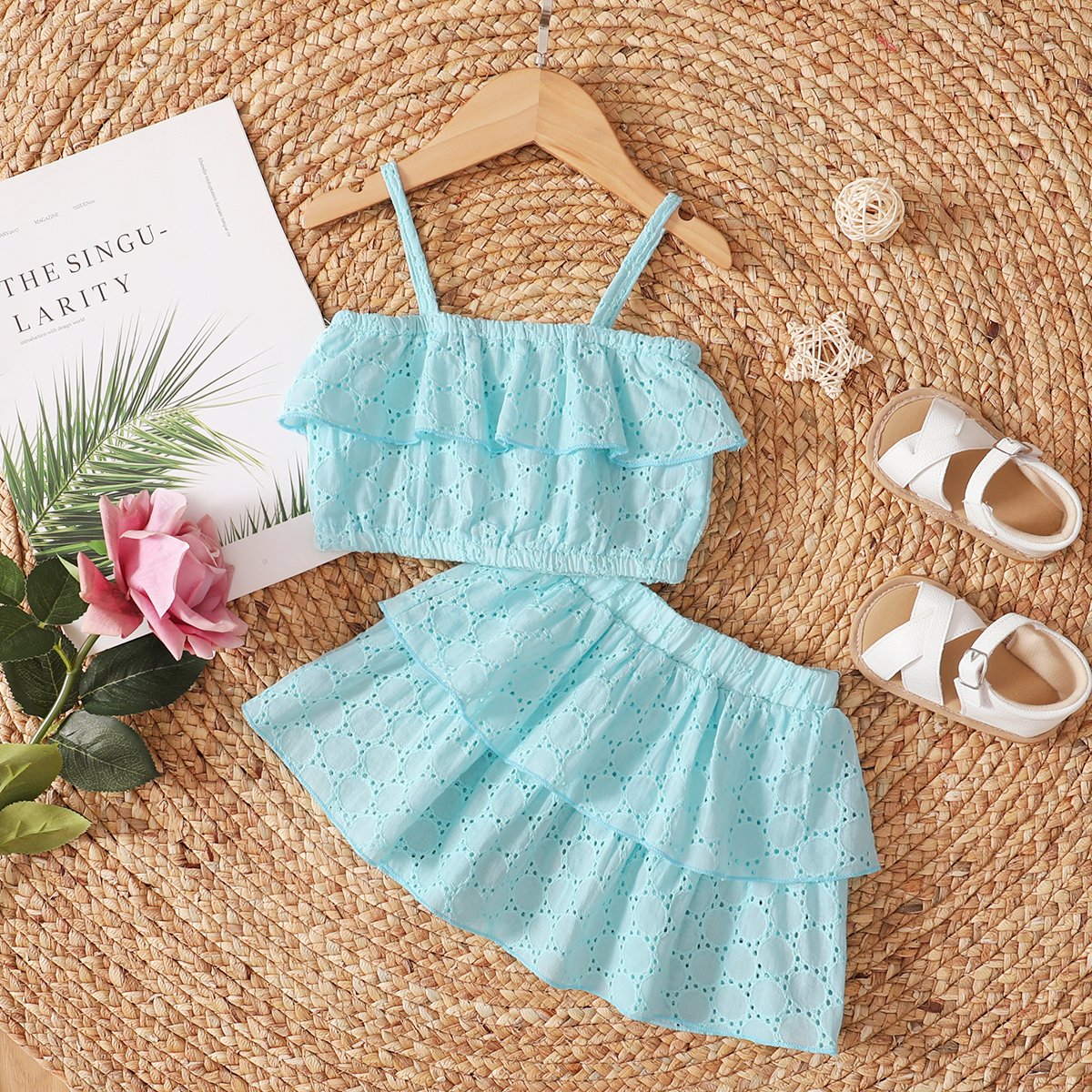 

100% Cotton 2pcs Hollow Out Flounce Decor Sleeveless Blue-Green Baby Set