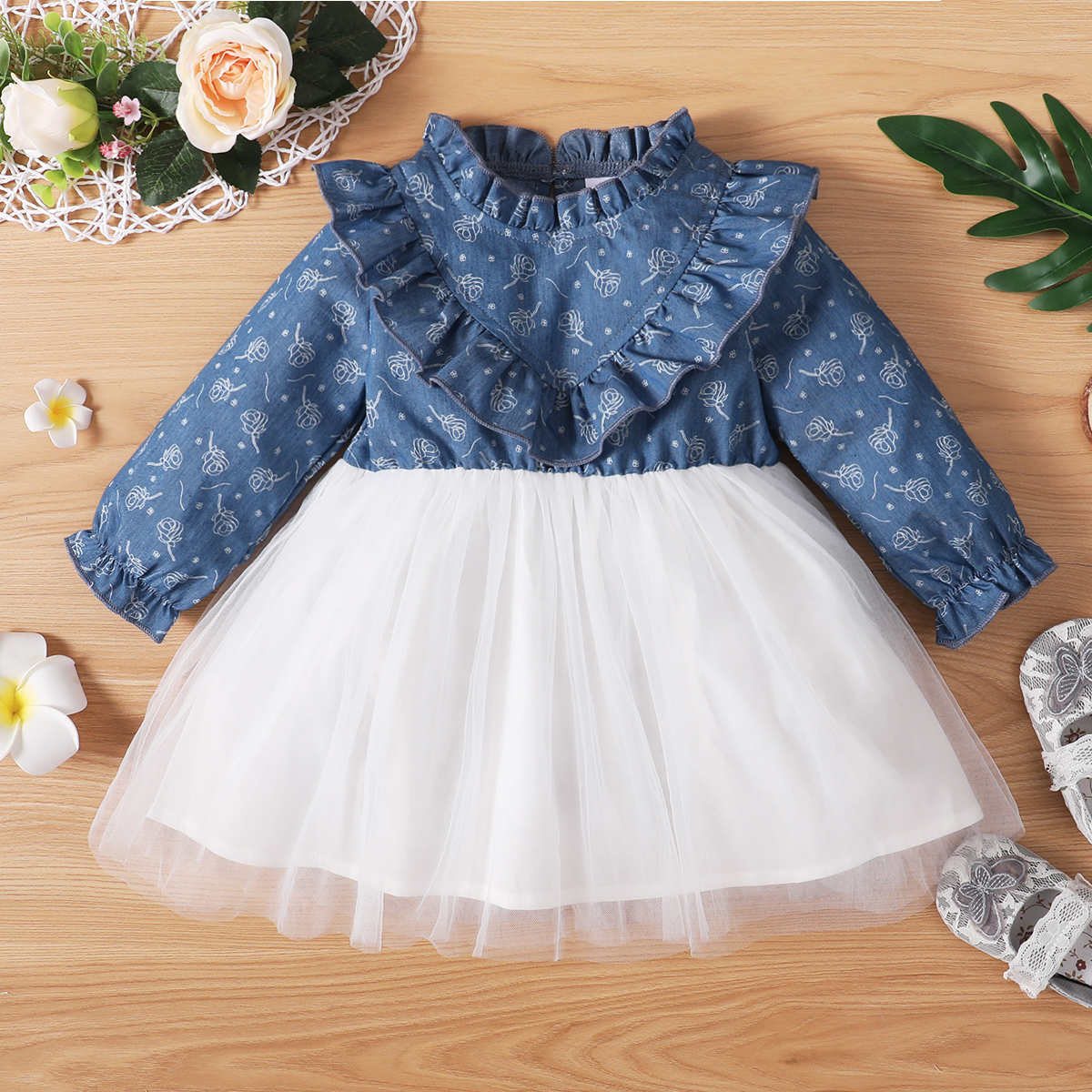 

Baby Girl 100% Cotton Floral Print Ruffle Long-sleeve Denim Mesh Stitching Dress