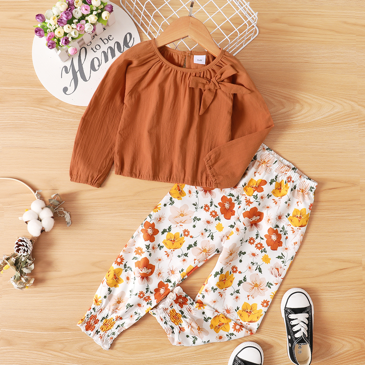 

2-piece Toddler Girl Bowknot Decor Long-sleeve Solid 100% Cotton Top and Floral Print Pants Set