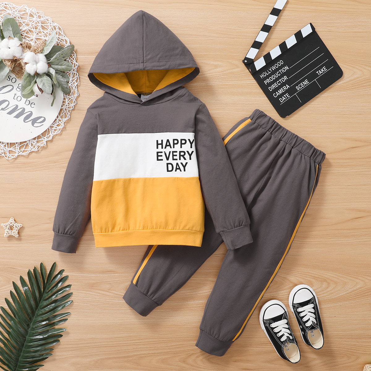 

2-piece Toddler Boy Letter Print Colorblock Hoodie and Elasticized Striped Pants Set