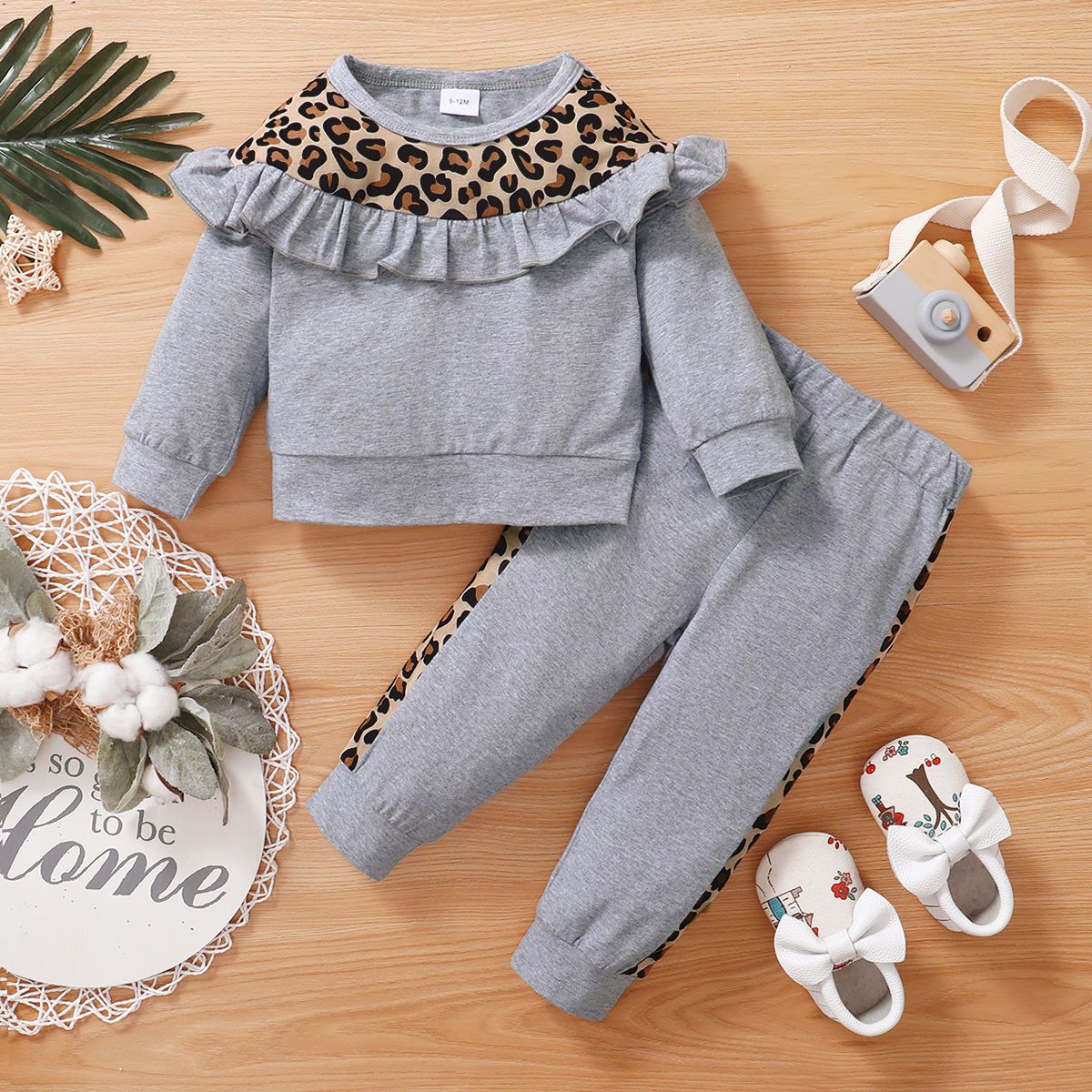 

2-piece Toddler Girl Drop Shoulder Leopard Print Flounce Long-sleeve Top and Elasticized Pants Casual Set