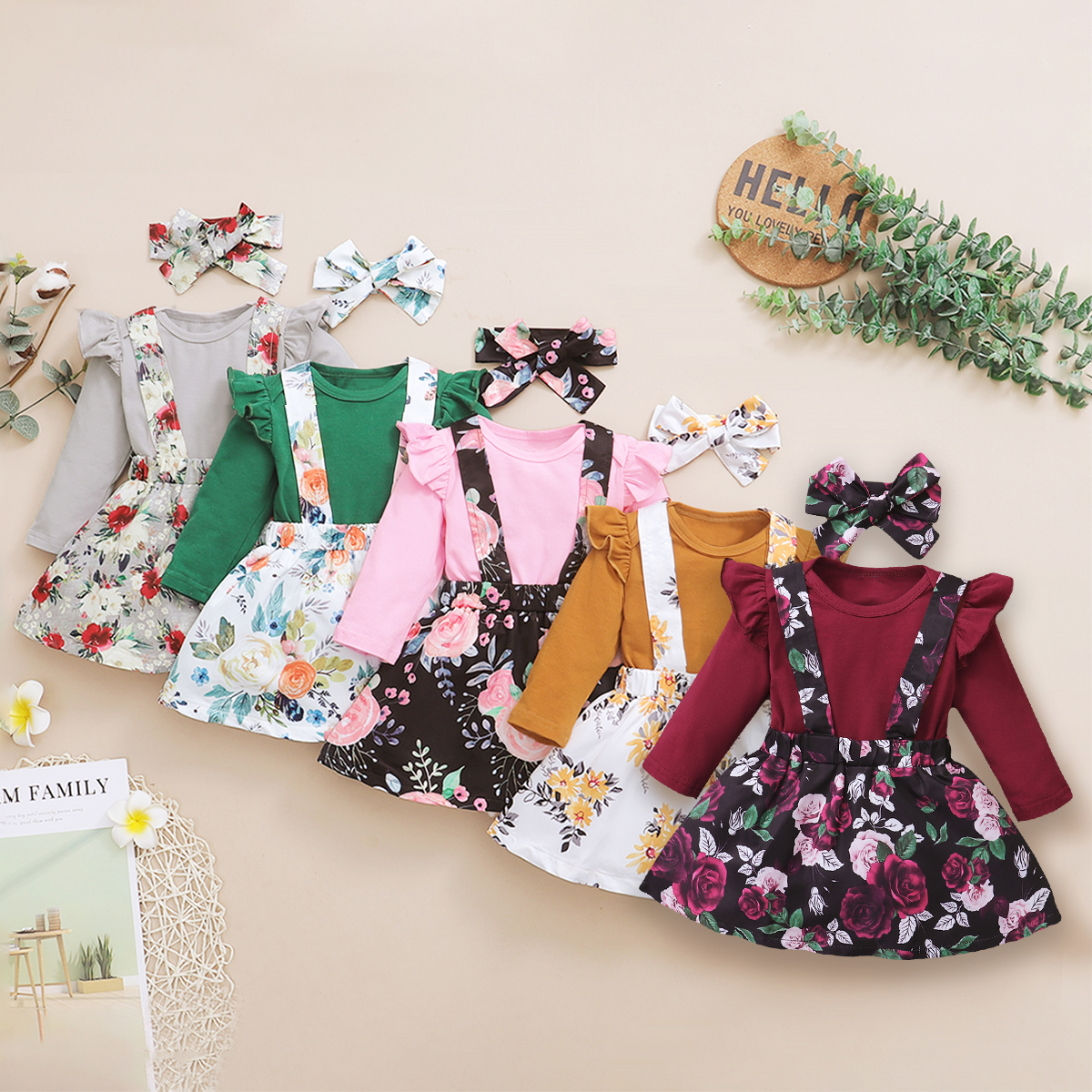 

3pcs Floral Print Ruffle Decor Long-sleeve Baby Set