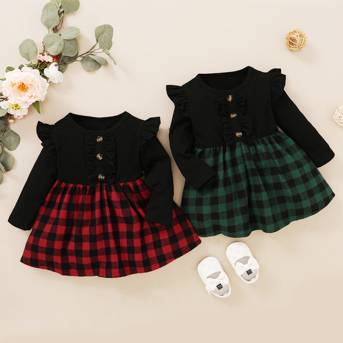 

Cotton Black Splicing Plaid Print Ruffle Long-sleeve Baby Dress
