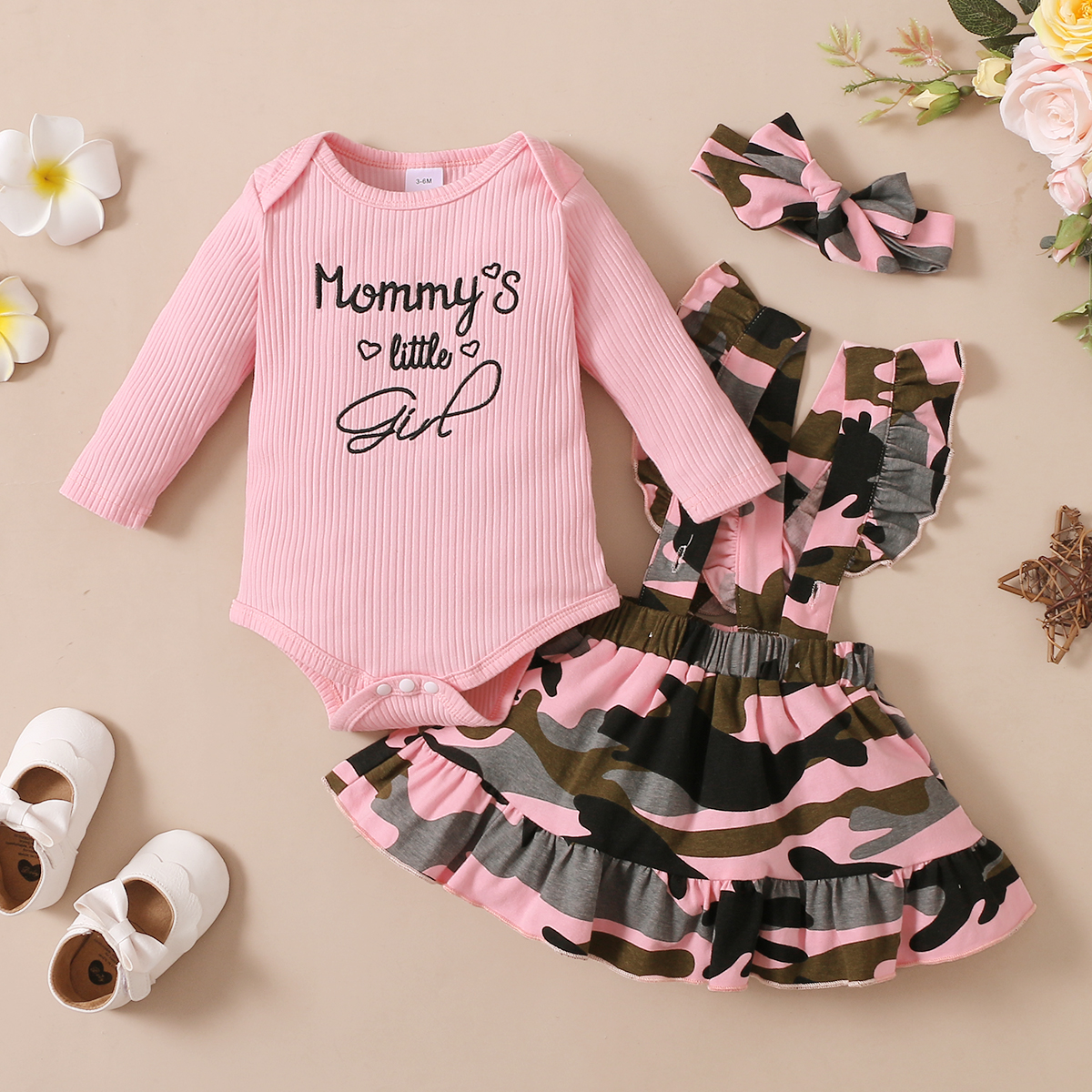 

Baby 3pcs Letter Ribbed Long-sleeve Romper and Camouflage Suspender Skirt Set
