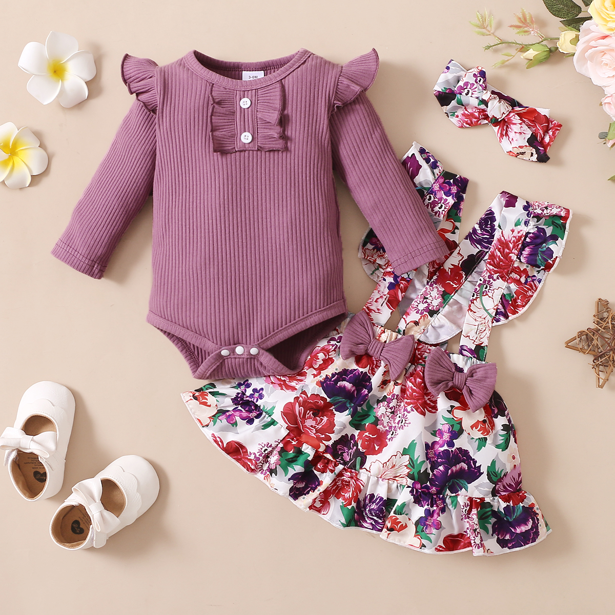 

Baby 3pcs Purple Ribbed Long-sleeve Romper and Ruffle Floral Suspender Skirt Set