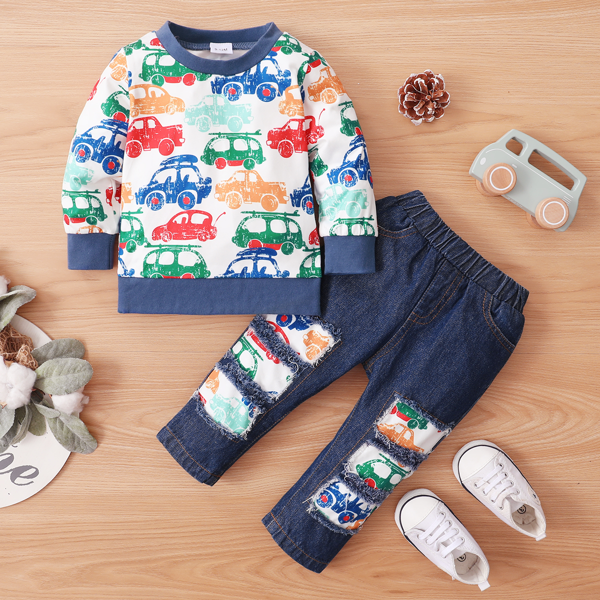 

2-piece Toddler Boy Car Print Long-sleeve Top and Patchwork Ripped Jeans Denim Pants