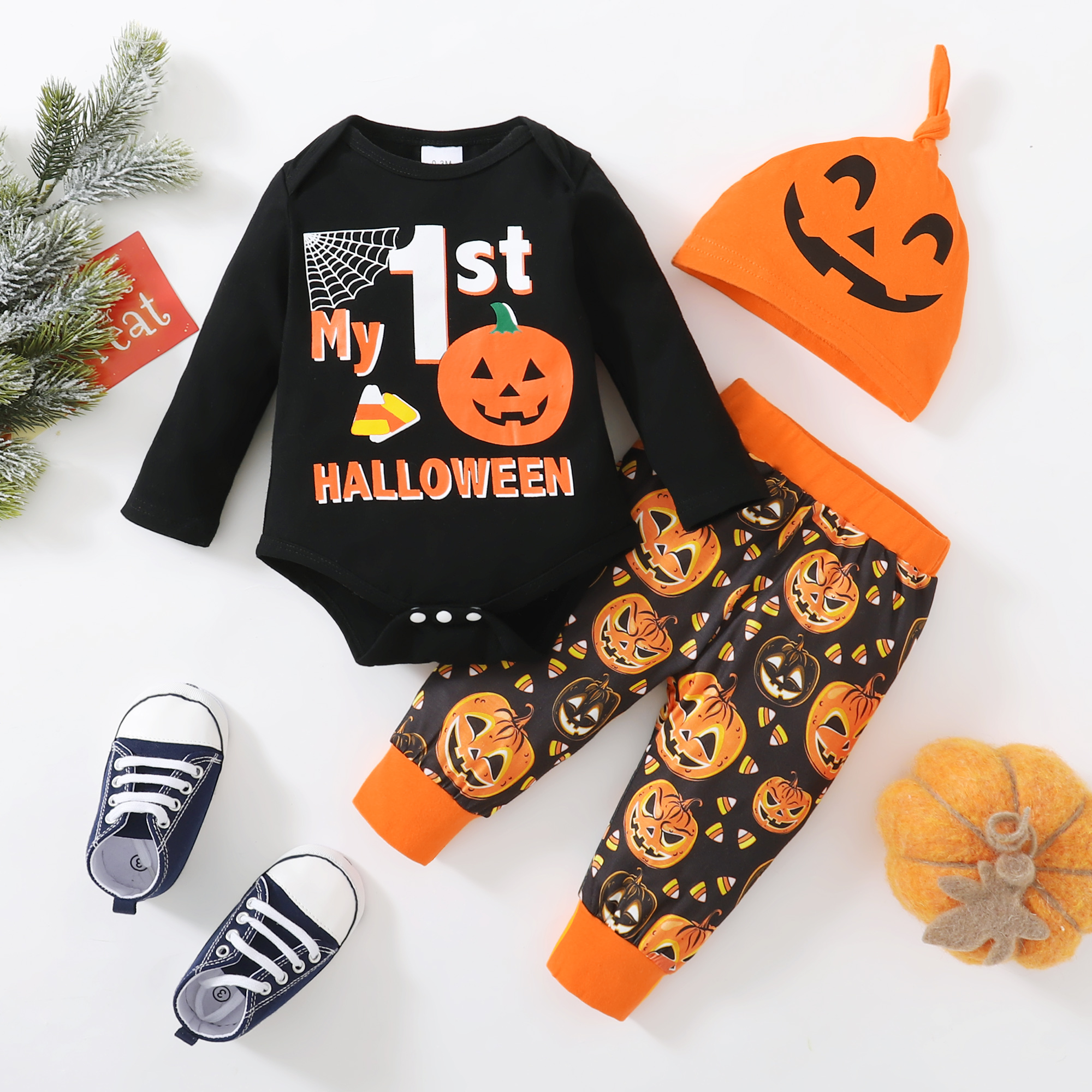 

Baby 3pcs Halloween Letter and Pumpkin Print Long-sleeve Romper Set