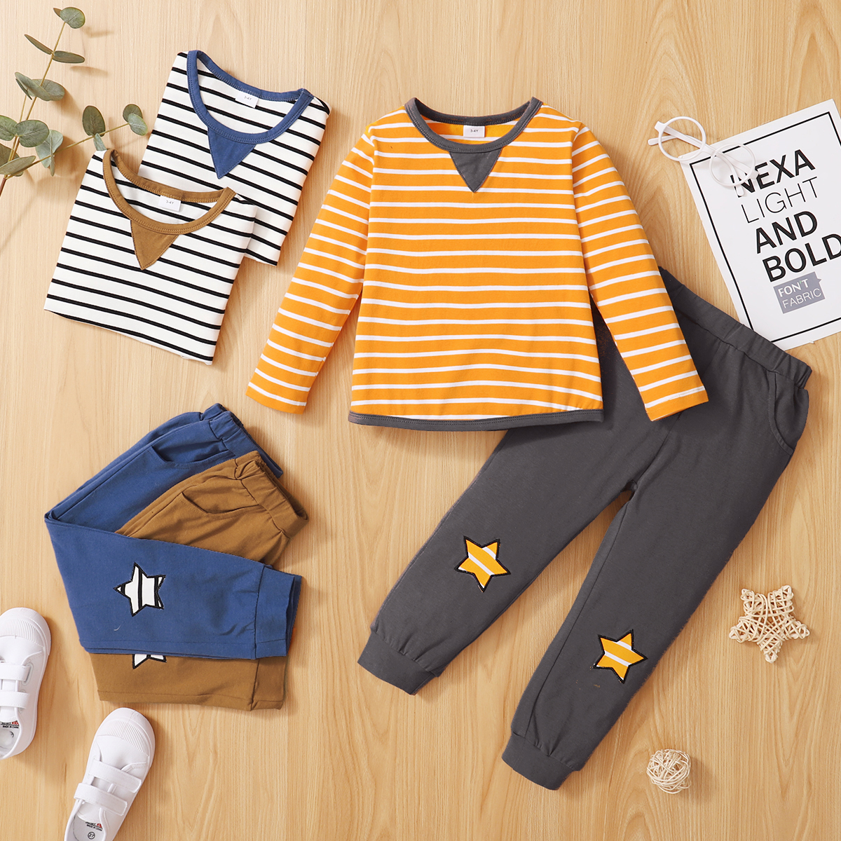 

2-piece Toddler Boy Stripe Long-sleeve Tee and Stars Embroidered Pants Set