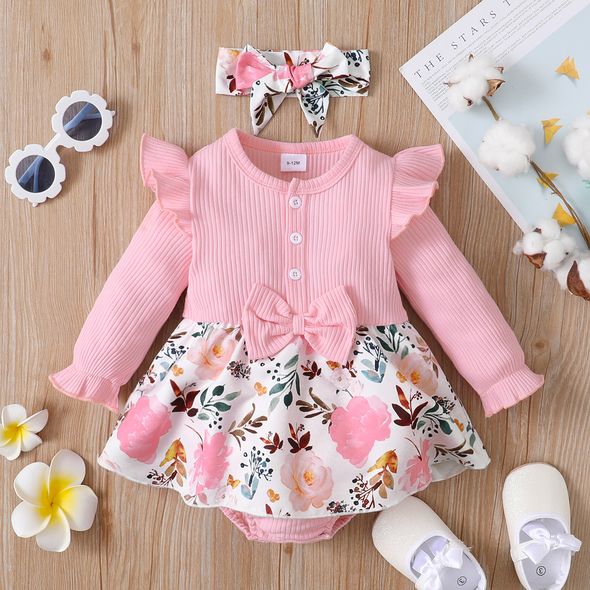 

Baby Girl 2pcs Pink Ribbed Ruffle Long-sleeve Splicing Floral Print Romper Dress Set