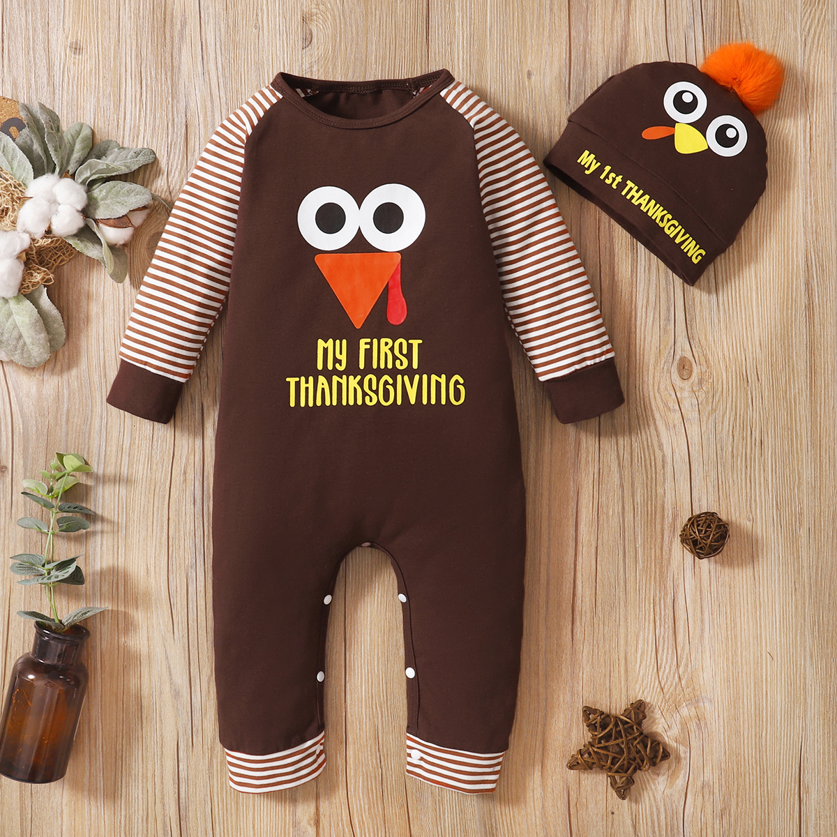 

Baby 2pcs Thanksgiving Day Coffee Letter and Stripe Print Long-sleeve Jumpsuit Set