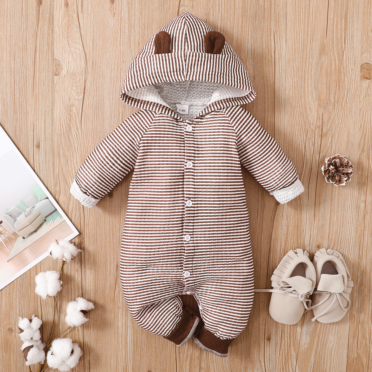 

3D Ear Stripe Print Brown Long-sleeve Hooded Baby Jumpsuit