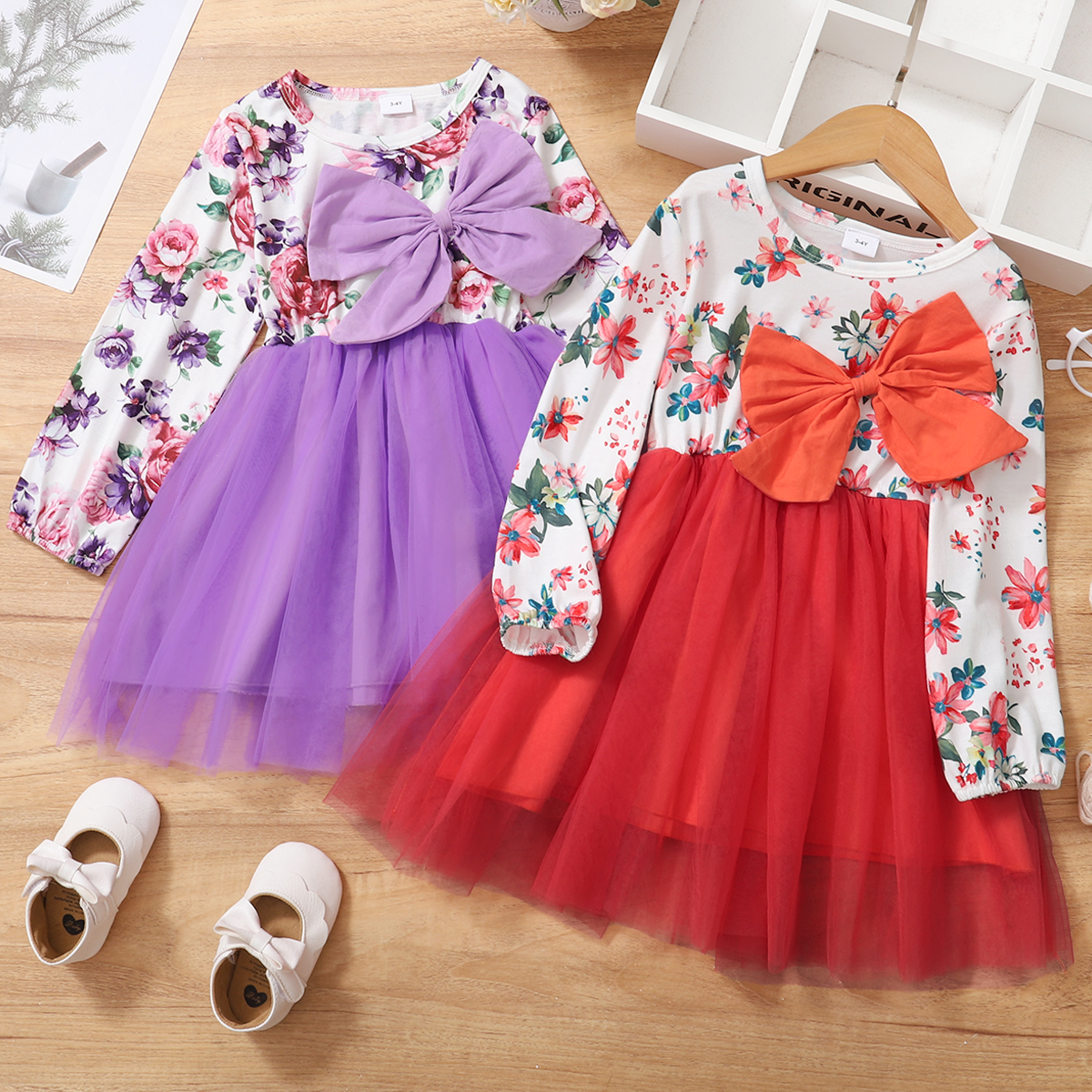 

Toddler Girl Floral Print Bowknot Design Mesh Stitching Dress