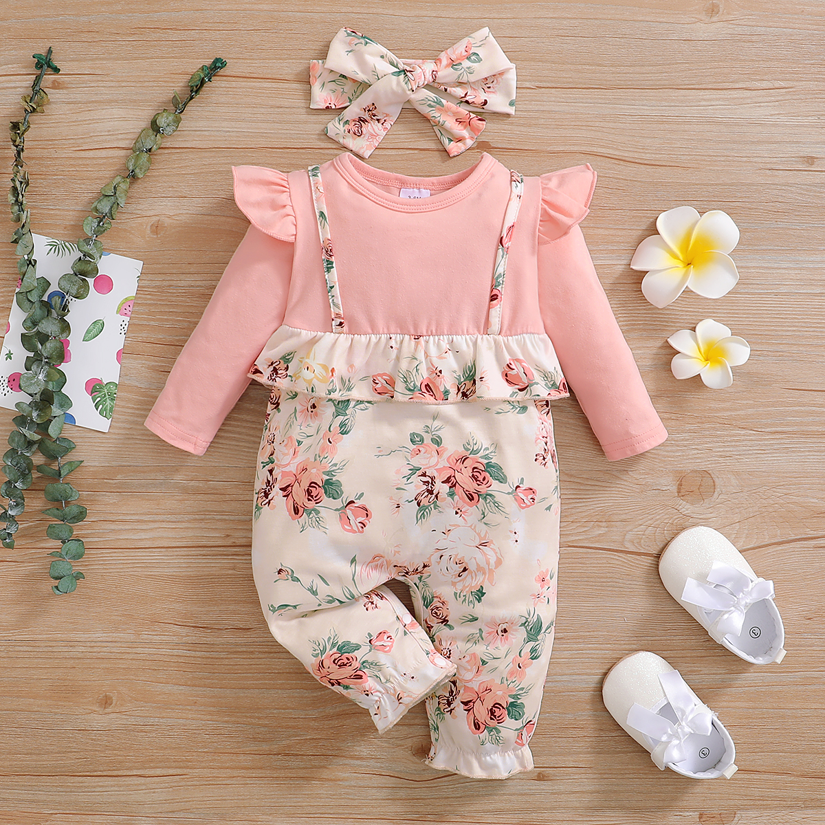 

2pcs Baby Floral Print Pink Long-sleeve Faux-two Jumpsuit Set