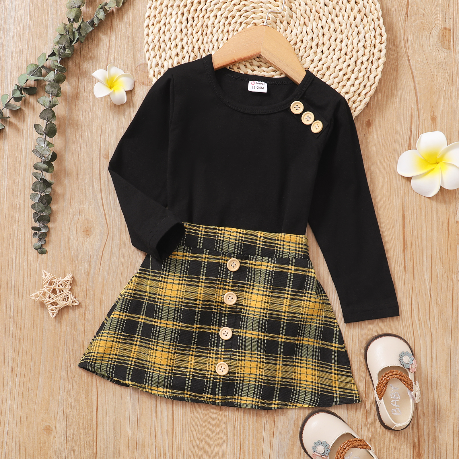 

Toddler Girl Button Decor Long-sleeve Black Top and 100% Cotton Plaid Skirt Set