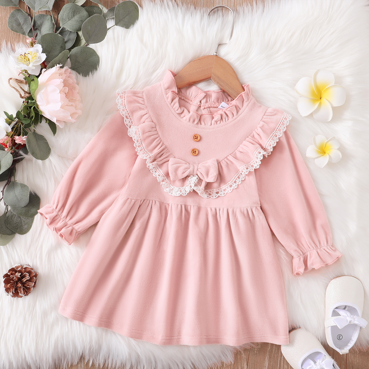 

Baby Girl Pink Lace Ruffle Bowknot Long-sleeve Dress