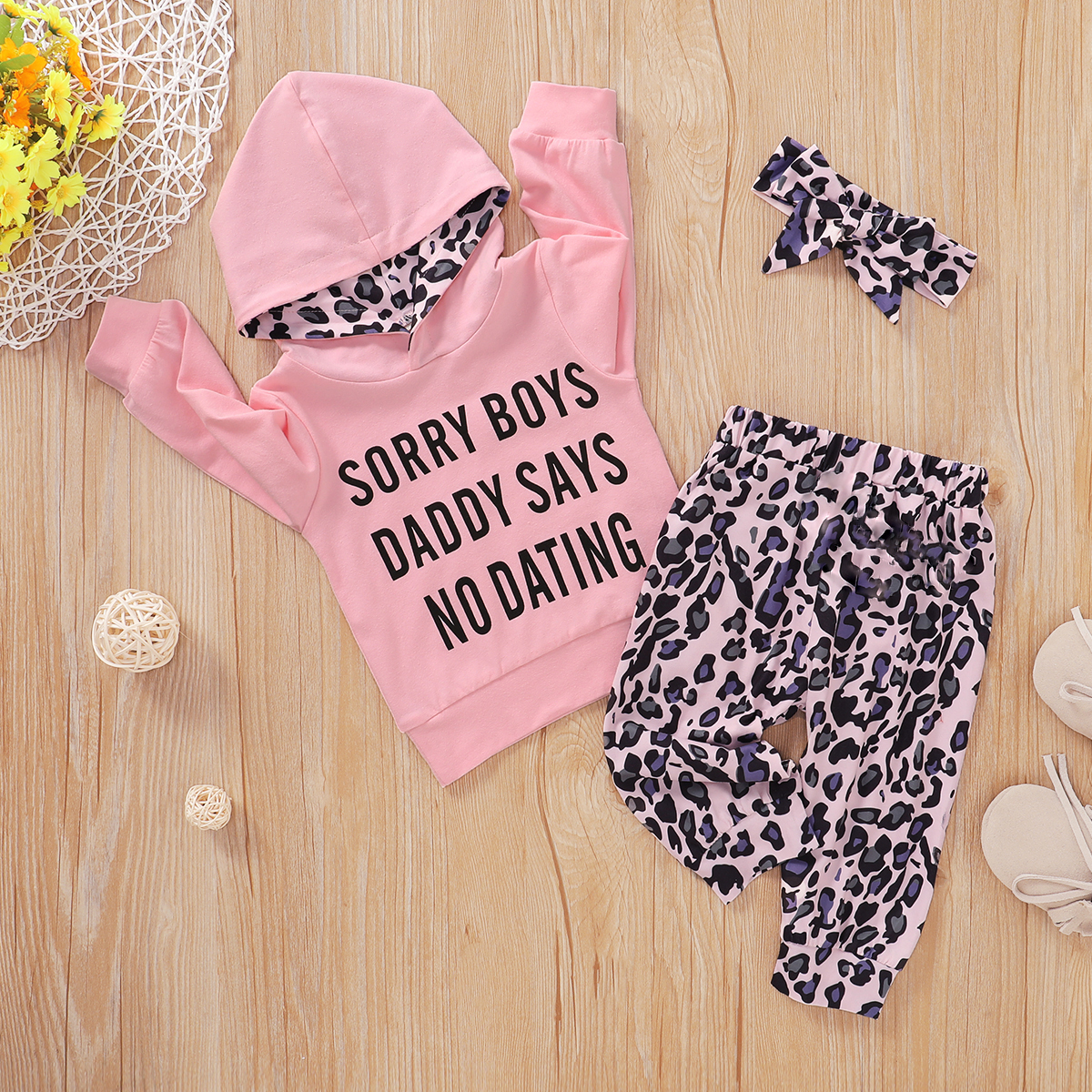 

Baby 3pcs Letter Print Long-sleeve Hoodie and Leopard Trouser Set