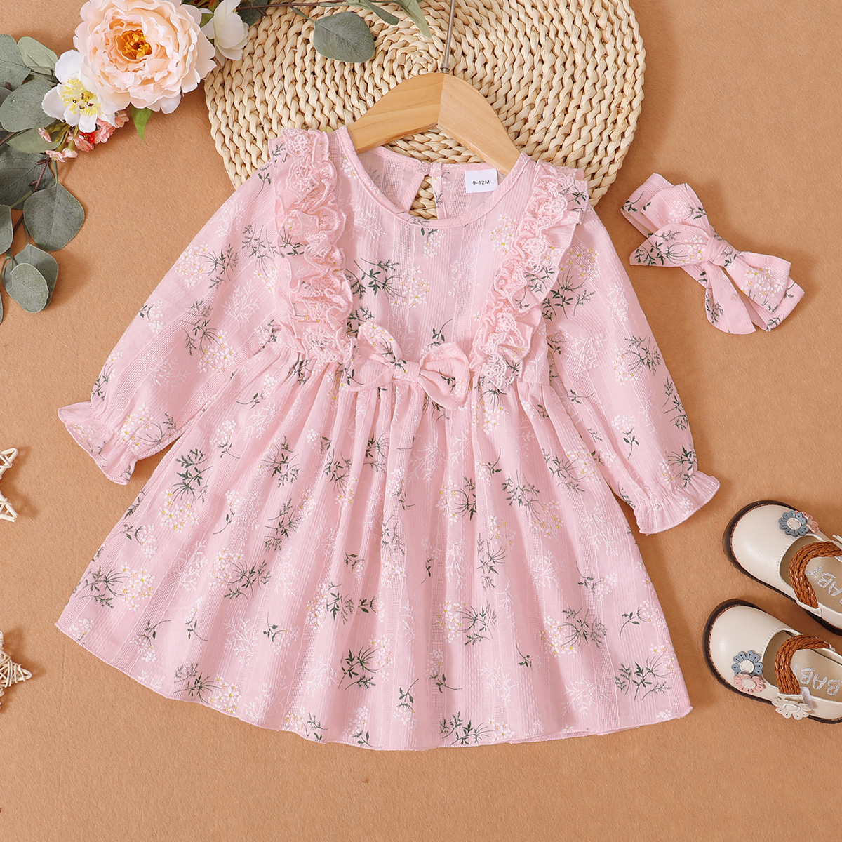 

100% Cotton 2pcs Floral Print Pink Ruffle Bowknot Long-sleeve Baby Dress Set