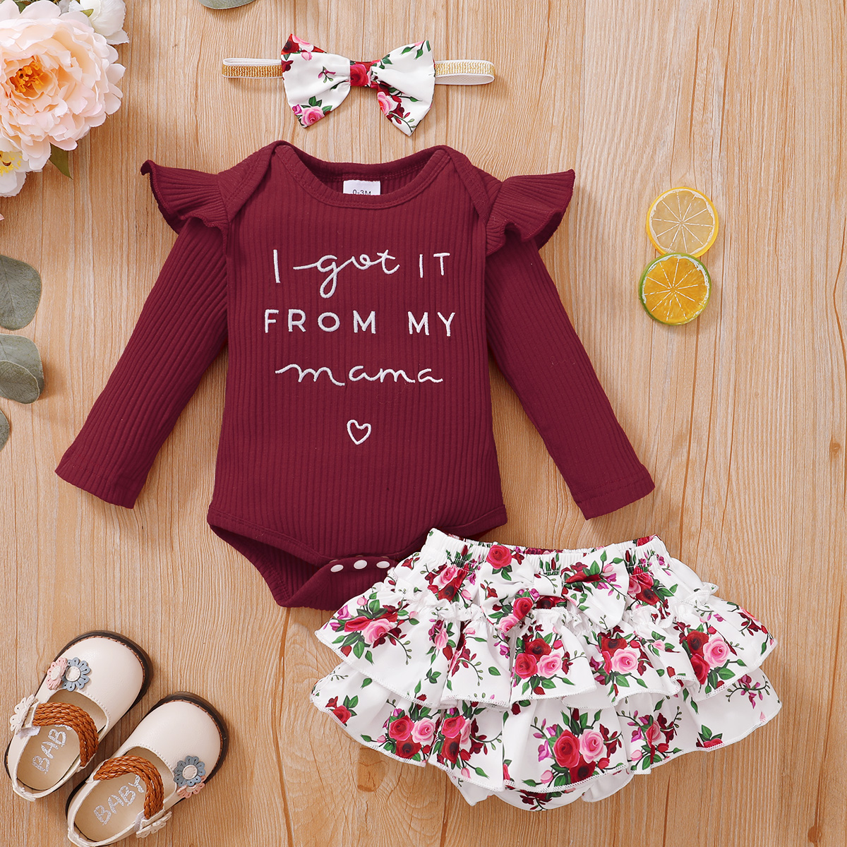 

3pcs Baby Letter Embroidered Long-sleeve Ribbed Romper and Floral Print Ruffle Shorts Set