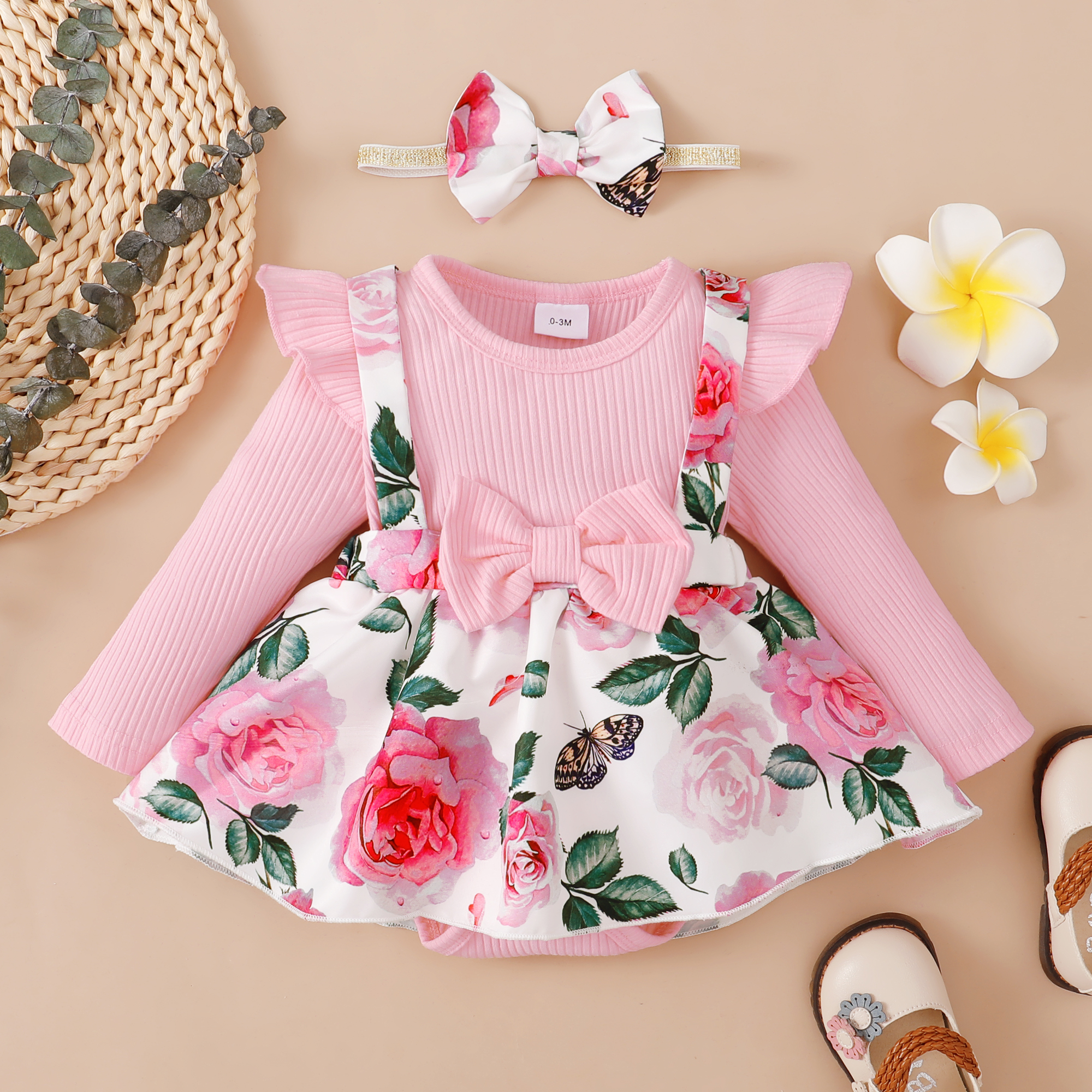 

2pcs Floral Print Splicing Ribbed Long-sleeve Baby Romper Dress Set