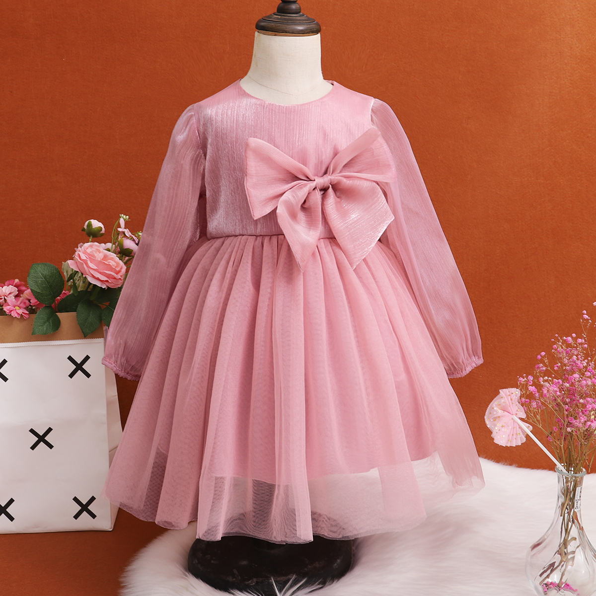 

Toddler Girl Bowknot Design Princess Party Pink Mesh Dress