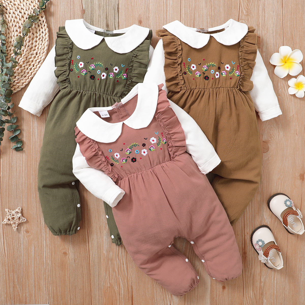 

100% Cotton Baby Girl Floral Embroidered Doll Collar Ruffle Long-sleeve Jumpsuit