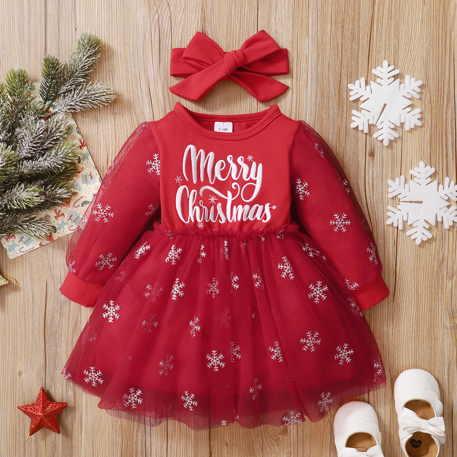 

Christmas 2pcs Baby Letter Embroidered Glitter Snowflake Red Long-sleeve Mesh Dress Set