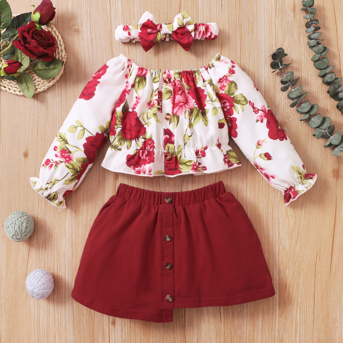 

3pcs Baby Floral Print Long-sleeve Crop Top and Mini Skirt Set