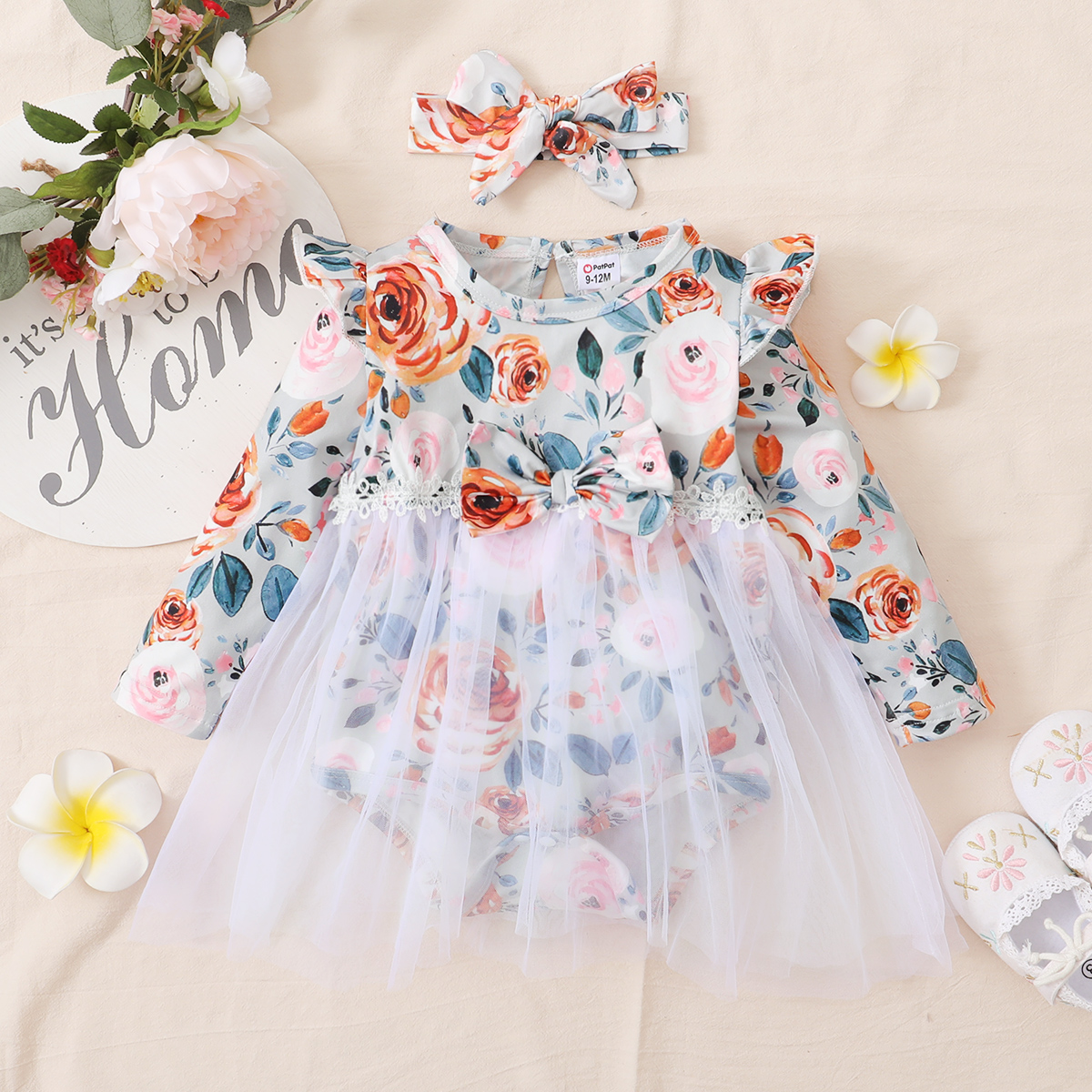 

2pcs Baby Girl Floral Print Long-sleeve Mesh Romper Dress Set