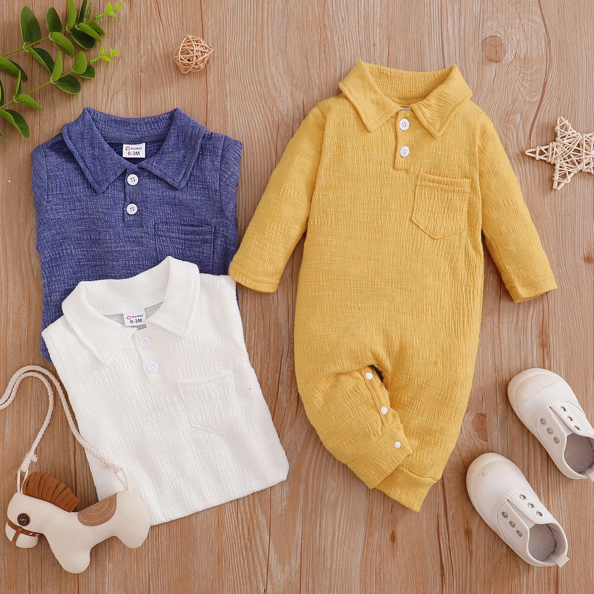 

Baby Girl/Boy Solid Lapel Collar Long-sleeve Jumpsuit with Pocket