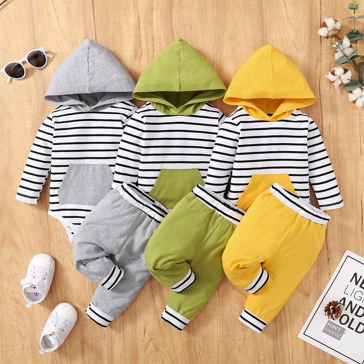 

2pcs Baby Cotton Striped Long-sleeve Splicing Hooded Romper and Trousers Set