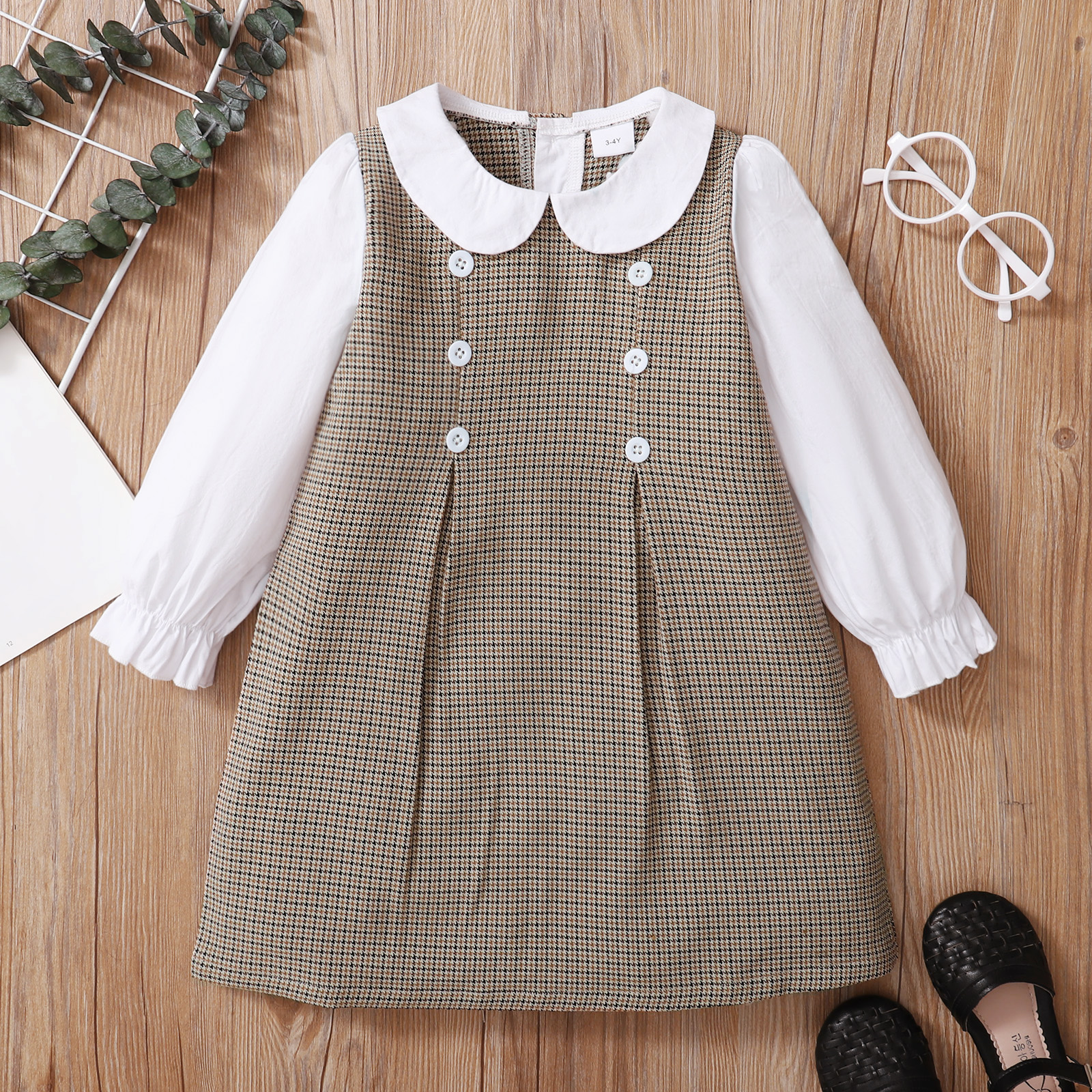 

Toddler Girl 100% Cotton Doll Collar Button Design Long-sleeve Tweed Dress