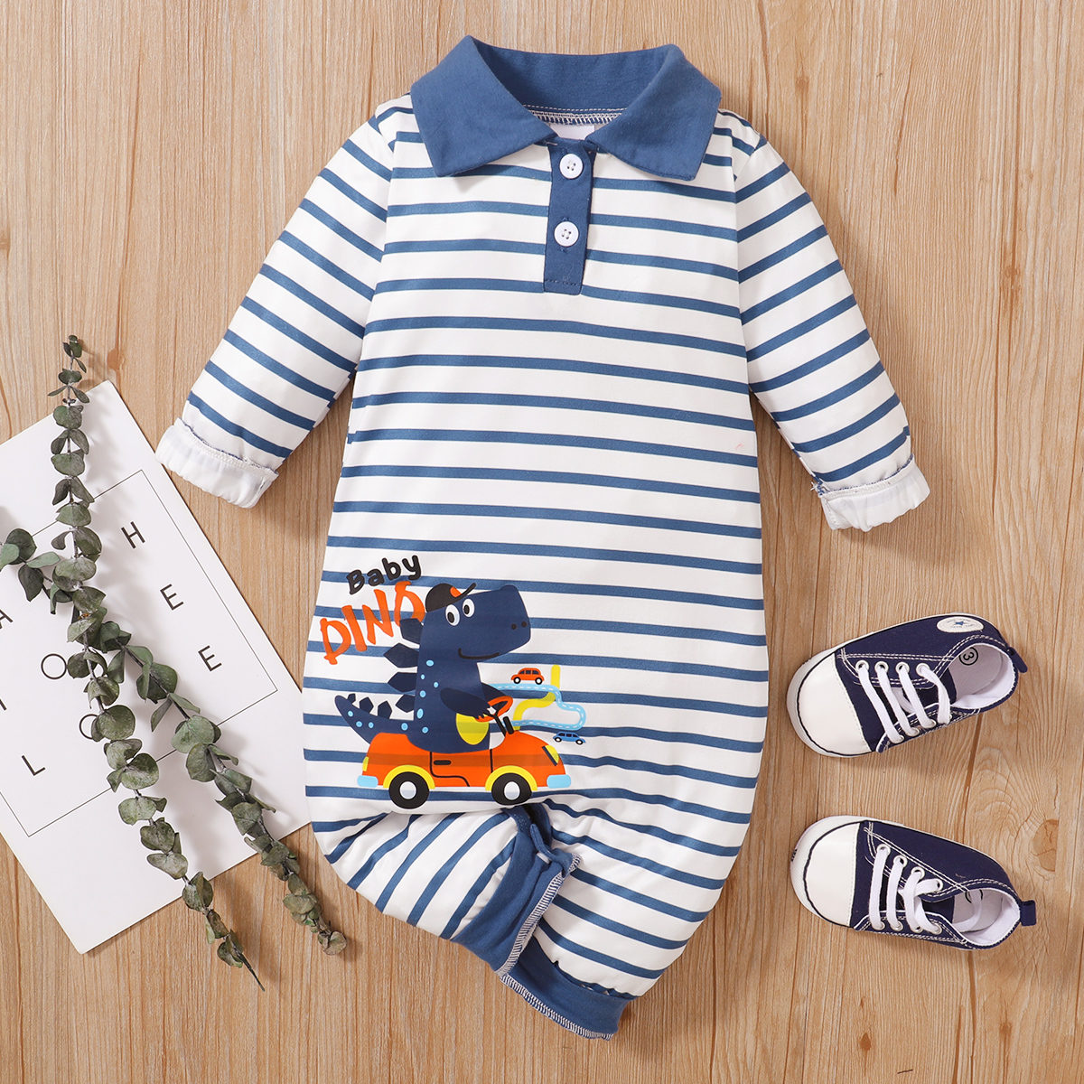 

Baby Boy Cartoon Crocodile and Letter Print Striped Lapel Long-sleeve Jumpsuit