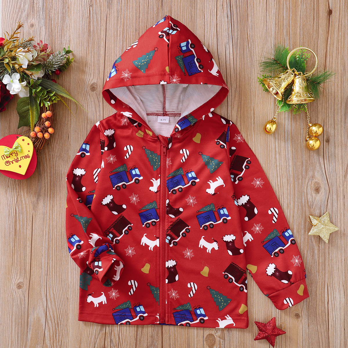 

Kid Boy Christmas Animal Vehicle Tree Print Zipper Hooded Jacket