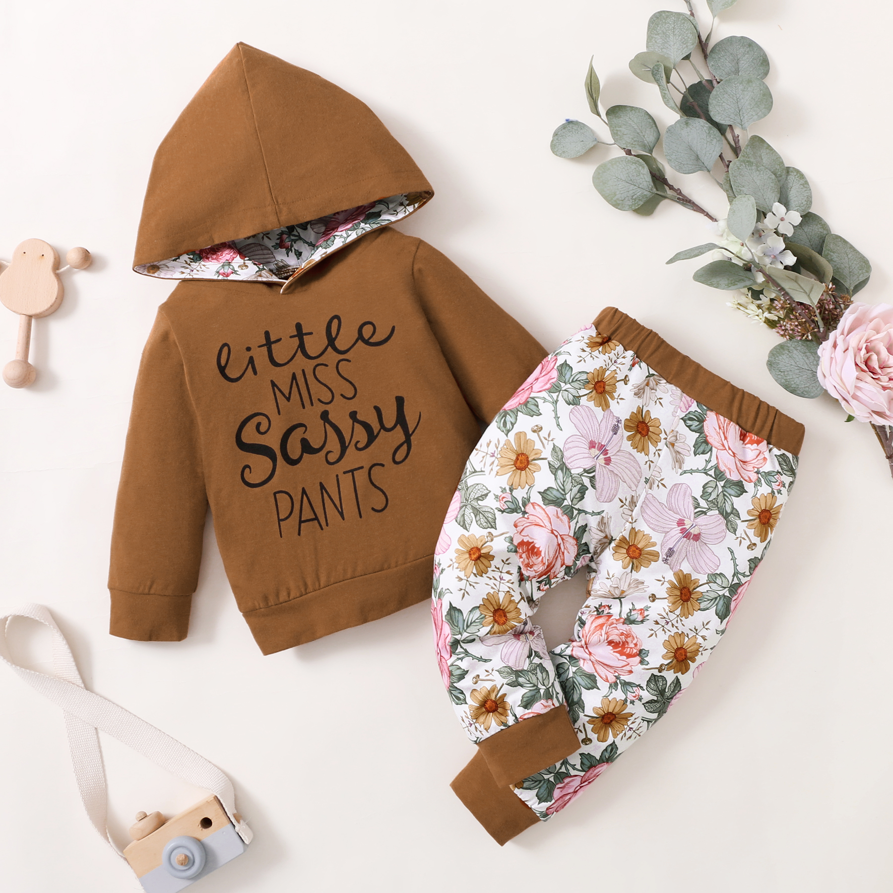 

2pcs Baby Girl Letter print Long-sleeve Cotton Hoodie and Floral Print Trousers Set