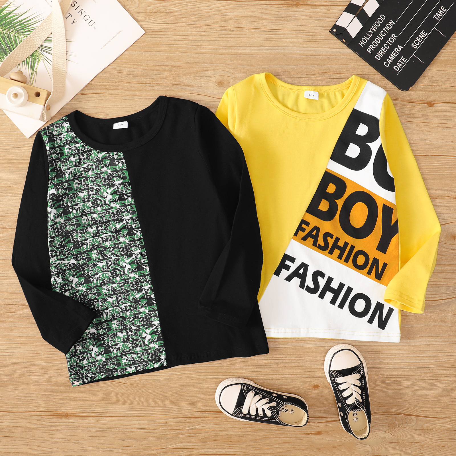 

Kid Boy Letter Print/Camouflage Colorblock Long-sleeve Tee